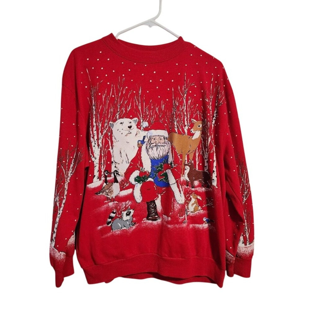 90s HOLIDAY TIME Christmas Sweatshirt Santa Forest Animals Polar Bear Red L